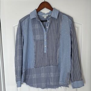 Sundance Blue Patchwork Cotton 1/2‎ Button Pullover Shirt Women’s Size Small